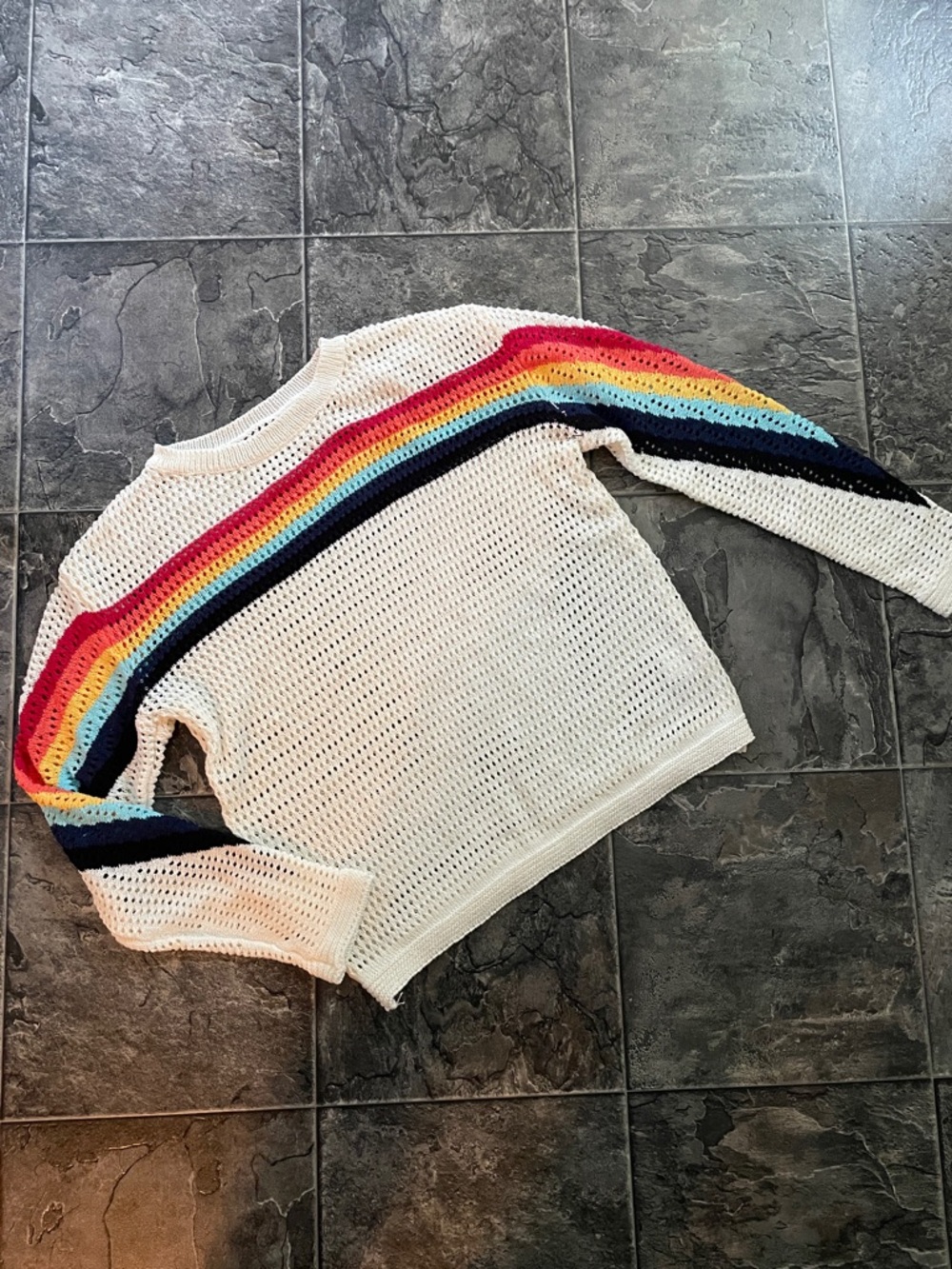 Open Knit Boho Sweater Unique Vibrant Rainbow Detailing Coastal Casual Colourful